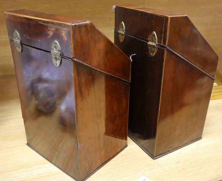 A pair of George III inlaid mahogany knife boxes with original interiors and Old Sheffield plate mounts, 21cm wide